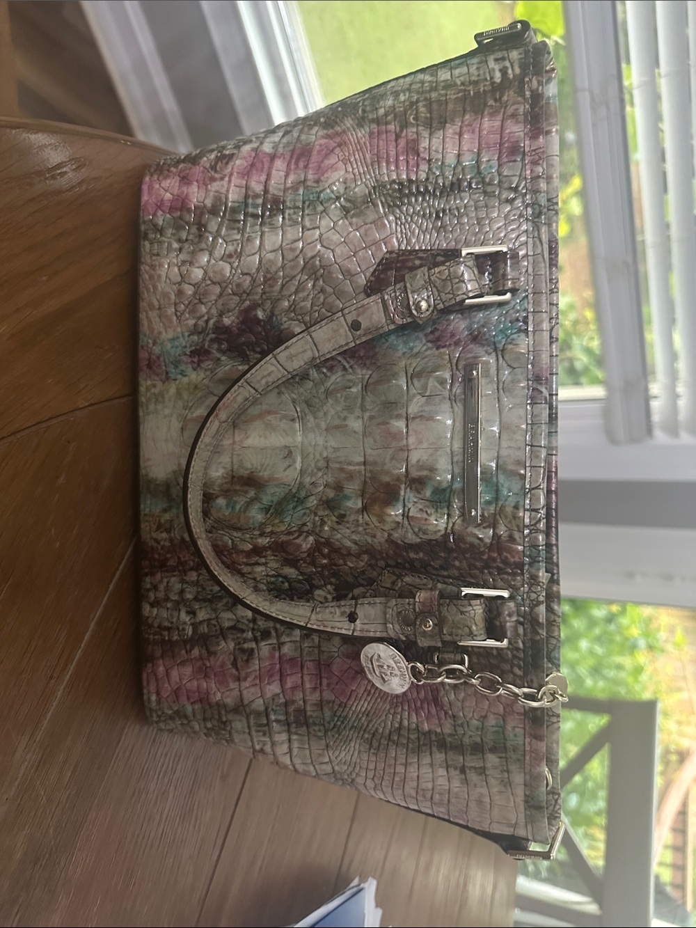 Brahmin Multi-Color Embossed Croc Tote - Pink, Teal, Brown